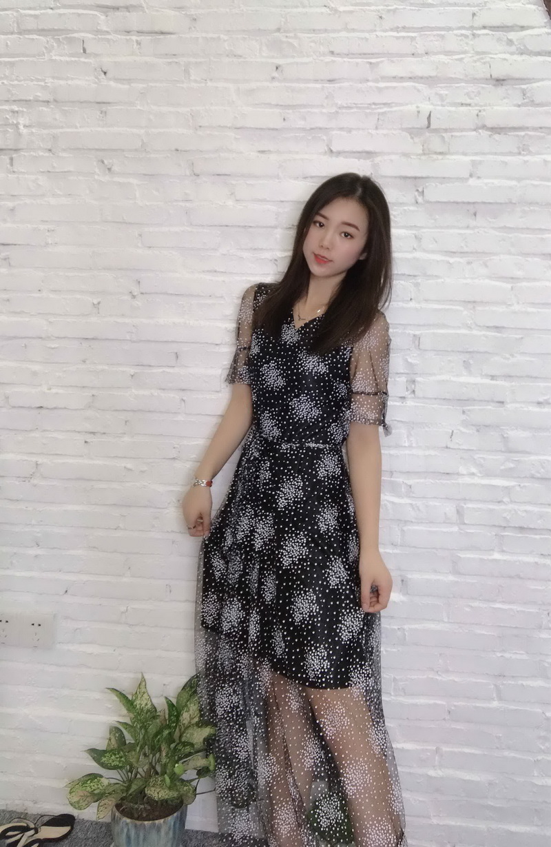 潮流原创夏季新品中腰短袖网纱修身中长款百搭连衣裙 送腰带