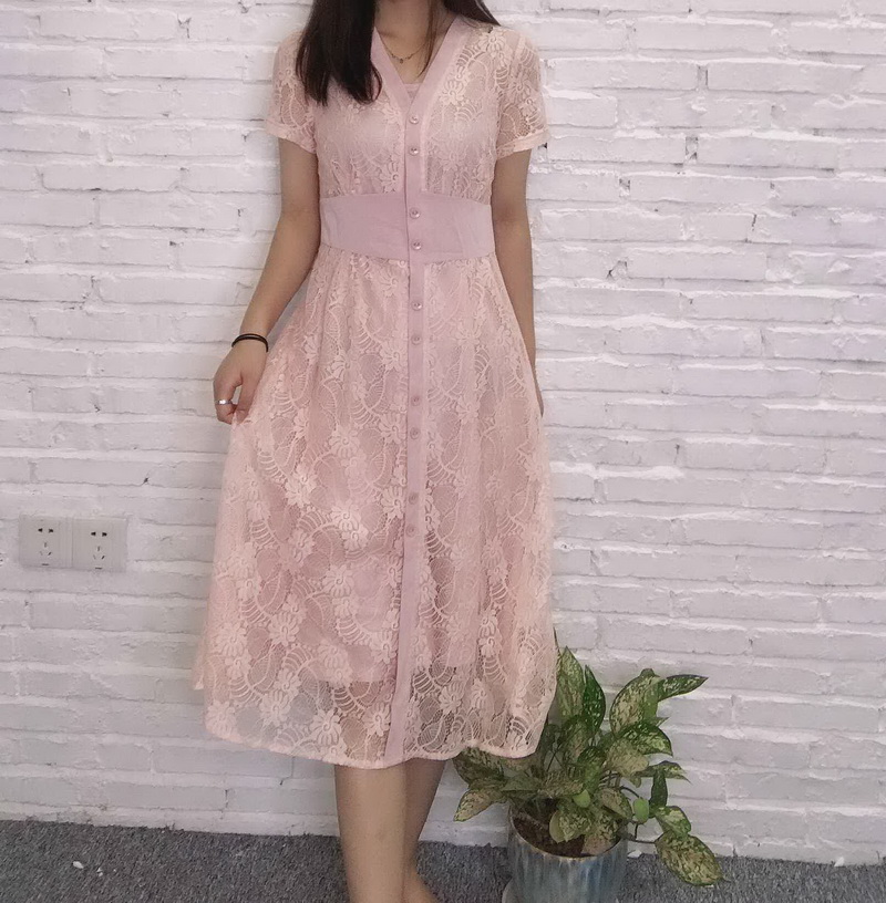 蕾丝短袖连衣裙2020年流行新款小清新很仙的法式裙子两件套裙
