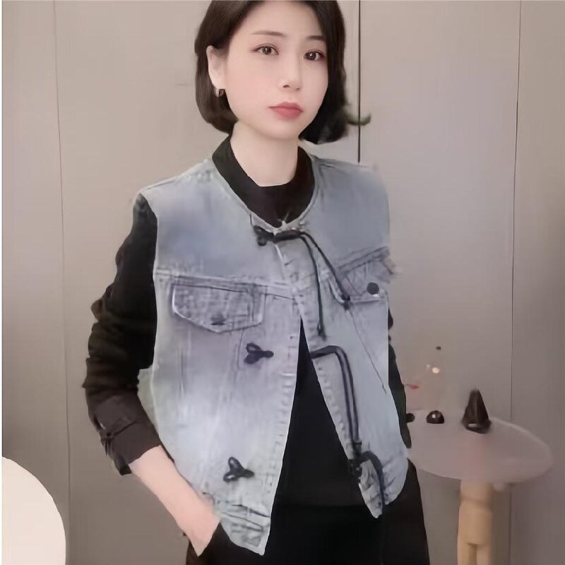 新中式盘扣牛仔马甲女小个子外搭短款上衣无袖坎肩外套潮